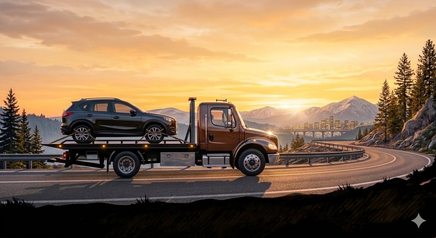 Flatbed tow truck carrying an SUV at sunset